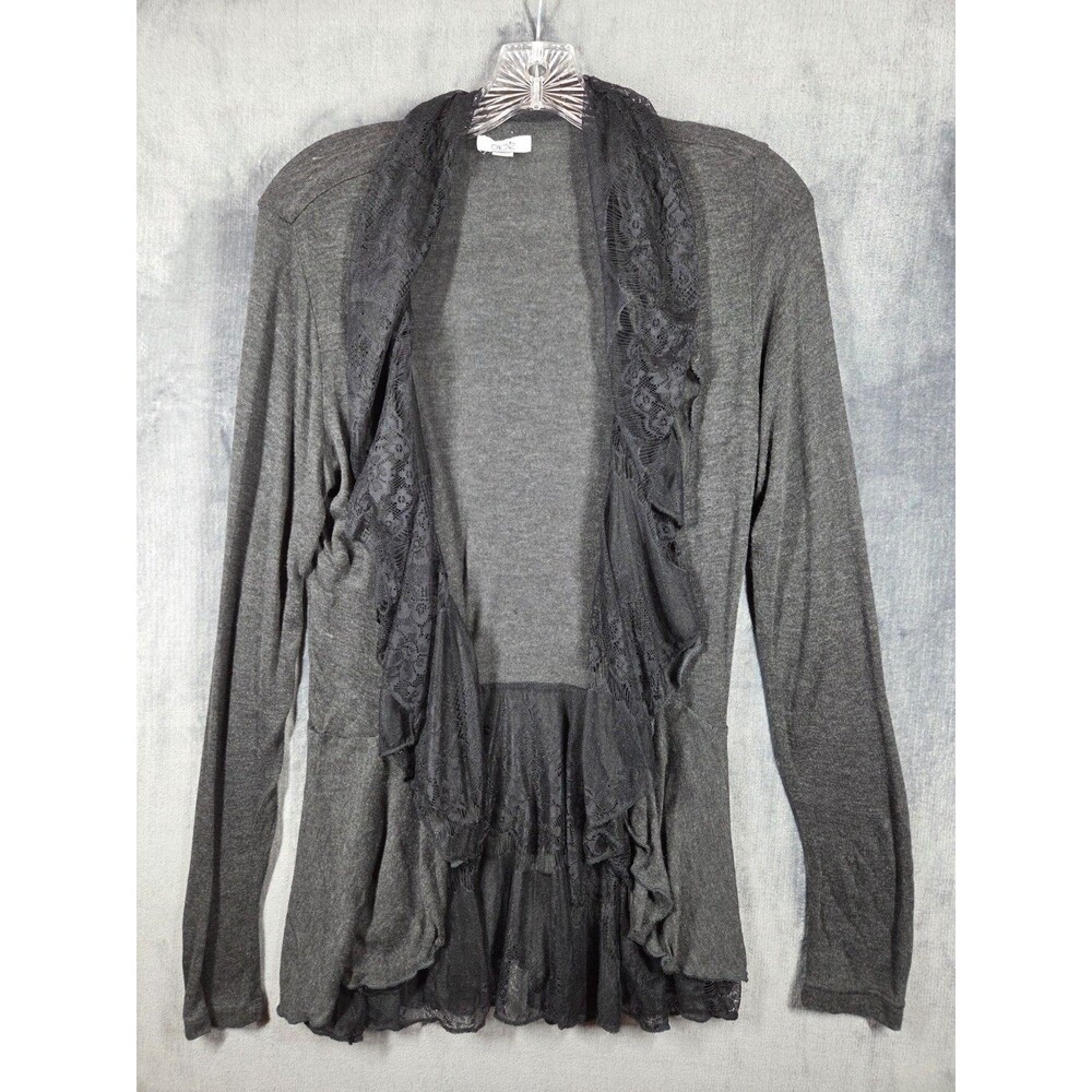 Cache Sweater Womens Size M Gray Black Lace Ruffle Open Front Cardigan Goth Vamp